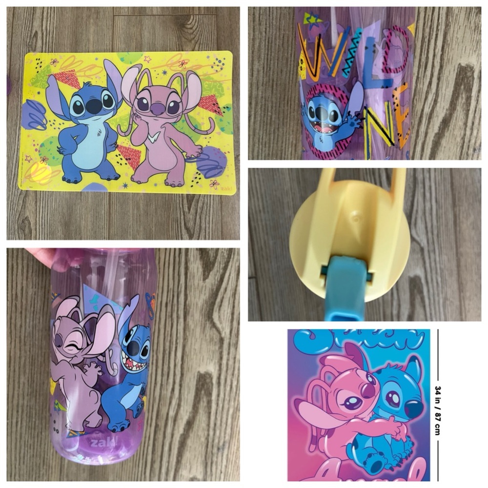Disney Lilo & Stitch Pink, Blue and Yellow Character Water Bottle